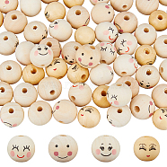 80Pcs 4 Styles Printed Wood European Beads, Large Hole Bead with Smiling Face, Undyed, Round, 17~20x16.5~18mm, Hole: 4.5mm, 20pcs/style(WOOD-DC0001-13)
