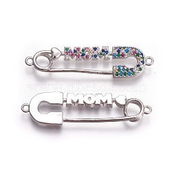 Mother's Day Theme, Brass Micro Pave Cubic Zirconia Links, Safety Pin Shape with Word MOM, Colorful, Platinum, 10x38.5x2.5mm, Hole: 1.5mm(ZIRC-I021-04P)