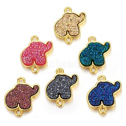 Brass Links connectors, with Druzy Resin, Golden Plated Color, Elephant, Mixed Color, 18.5x15x3mm, Hole: 1.7mm(KK-O117-E)