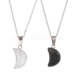 2Pcs 2 Style Crescent Moon Natural Larvikite & Quartz Crystal Pendant Necklaces, Couple Necklace with 304 Stainless Steel Cable Chains, 15.94 inch(40.5cm), 1Pc/style(NJEW-JN04642)