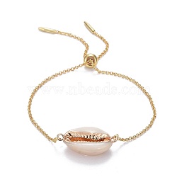 Brass Slider Bracelets, Bolo Bracelets, with Electroplate Cowrie Shell Links, Golden, 9-1/2 inch(24.2cm), 0.8~1.5mm(BJEW-JB04288-02)