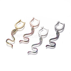 Brass Dangle Hoop Earrings, with Micro Pave Cubic Zirconia, Snake, Colorful, Mixed Color, 55mm, Pin: 1mm(EJEW-F198-01)