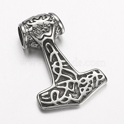 304 Stainless Steel Pendants, Thor's Hammer, Antique Silver, 40x28x10mm, Hole: 7.5mm(STAS-D166-66AS)