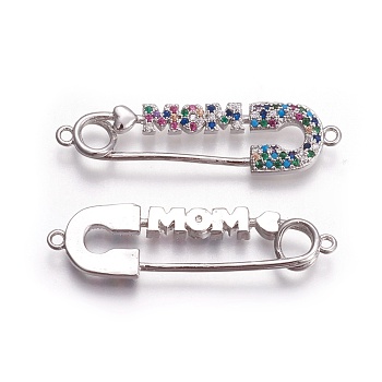 Mother's Day Theme, Brass Micro Pave Cubic Zirconia Links, Safety Pin Shape with Word MOM, Colorful, Platinum, 10x38.5x2.5mm, Hole: 1.5mm