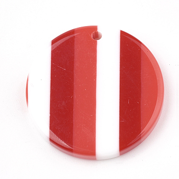 Resin Pendants, Flat Round with Stripe Pattern, Red, 29.5x4mm, Hole: 1.5mm