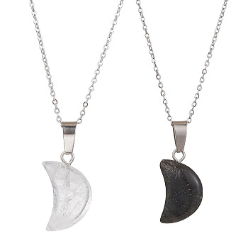 2Pcs 2 Style Crescent Moon Natural Larvikite & Quartz Crystal Pendant Necklaces, Couple Necklace with 304 Stainless Steel Cable Chains, 15.94 inch(40.5cm), 1Pc/style