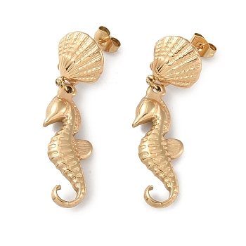 Texture Sea Horse 304 Stainless Steel Dangle Earrings, Shell Shape Stud Earring for Women, Real 18K Gold Plated, 45x12.5mm