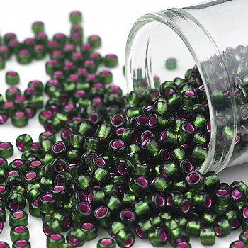 TOHO Round Seed Beads, Japanese Seed Beads, (2204) Silver Lined Frost Olivine Pink Lined, 8/0, 3mm, Hole: 1mm, about 1110pcs/50g