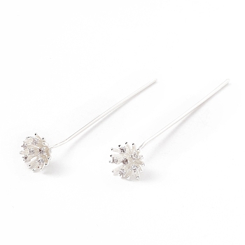Brass Micro Pave Clear Cubic Zirconia Flower Head Pins, Silver, 50mm, Pin: 21 Gauge(0.7mm)