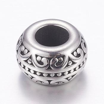 304 Stainless Steel European Beads, Large Hole Beads, Rondelle, Antique Silver, 12x7mm, Hole: 5.5mm