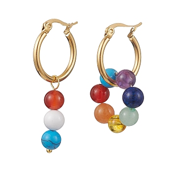 7 Chakra Theme Natural Mixed Gemstone Asymmetrical Earrings, 304 Stainless Steel Dangle Hoop Earrings, Golden, 32mm, 42mm