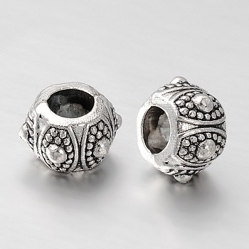 Carved Rondelle Alloy European Beads, Large Hole Beads, Antique Silver, 11x7mm, Hole: 5mm