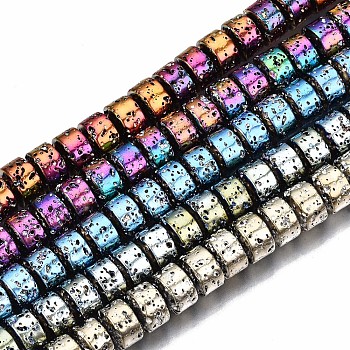 Electroplated Natural Lava Rock Beads Strands, Flat Round, Bumpy, Mixed Color, 8.5x6mm, Hole: 1mm, about 67pcs/strand, 15.63 inch(39.7cm)