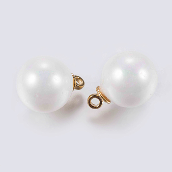 Acrylic Pearl Beads Charms, with Brass Findings, Long-Lasting Plated, Real 18K Gold Plated, White, 14.5x10.5mm, Hole: 1mm