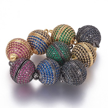 Brass Micro Pave Cubic Zirconia Magnetic Clasps with Loops, Round, Mixed Color, 18.5x14mm, Hole: 1.2mm