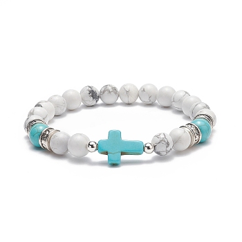 Natural Howlite & Synthetic Turquoise(Dyed) Cross Beaded Bracelet, Gemstone Jewelry for Women, Inner Diameter: 2-1/8 inch(5.5cm)