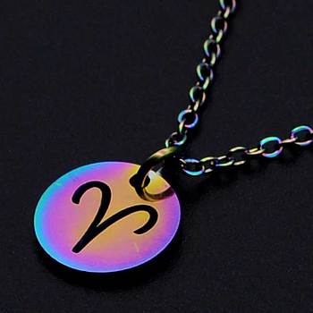 201 Stainless Steel Pendants Necklaces, with Cable Chains and Lobster Claw Clasps, Flat Round with Constellation/Zodiac Sign, Rainbow Color, Aries, 15-3/4 inch(40cm), 1.5mm