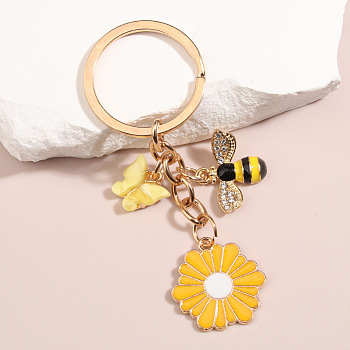 Resin & Alloy Enamel Butterfly/Flower/Bee Pendant Keychain, with Metal Key Rings, for Car Key Bag Charms Accessories, Gold, 100mm