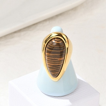 Teardrop Natural Tiger Eye Finger Rings, 304 Stainless Steel Cuff Rings, Real 18K Gold Plated, 37mm, Inner Diameter: 17mm