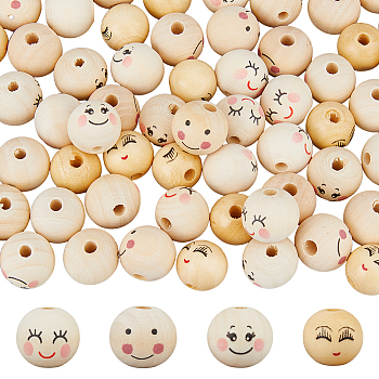 80Pcs 4 Styles Printed Wood European Beads, Large Hole Bead with Smiling Face, Undyed, Round, 17~20x16.5~18mm, Hole: 4.5mm, 20pcs/style