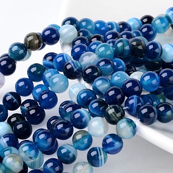 Natural Striped Agate/Banded Agate Beads, Round, Grade A, Dyed, Blue, Size: about 8mm in diameter, hole: 1mm, 43pcs/strand, 15.5 inch