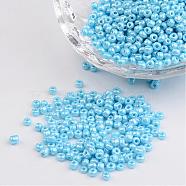 DIY Craft Beads 8/0 Opaque Colors Lustered Round Glass Seed Beads, Light Cyan, Size: about 3mm in diameter, hole:1mm, about 1101pcs/50g(X-SEED-A012-3mm-123)