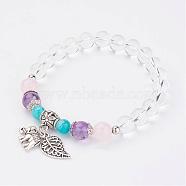 Natural Quartz Crystal Charm Bracelets, with Mixed Stone Bead and Alloy Elephant & Leaf Charm, 2-1/8 inch(54mm)(BJEW-JB02927)