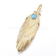 304 Stainless Steel Big Pendants, with Natural Turquoise, Feather, Golden, 83x24x15mm, Hole: 9x5mm(STAS-H364-03G)