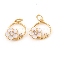 Brass Micro Pave Cubic Zirconia Charms, with Jump Rings and Enamel, Ring with Flower, Clear & White, Real 18K Gold Plated, 13.5x13.5x3mm, Jump Ring: 5x0.6mm, Hole: 3.5mm(KK-I672-42G)