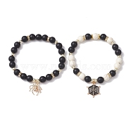 2Pcs 2 Styles 8mm Round Dyed Natural Black Agate & Synthetic Turquoise Beaded Stretch Bracelets, Halloween Stackable Spider & Spider Web Alloy Enamel Charm Bracelets for Women Men, Golden, Inner Diameter: 2 ~2-1/8 inch(5.1~5.35cm), 1pc/style(BJEW-JB10564)