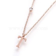 304 Stainless Steel Initial Pendant Necklaces, with Glass Rhinestone, Crystal, Rose Gold, Letter.T, 16.1~16.5 inch(41~42cm), Pendant: 11x5~8.5x1mm(NJEW-G321-04RG-T)
