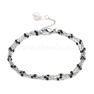 304 Stainless Steel Multi-strand Bracelets, with Enamel, Natural Pearl Beads and Lobster Claw Clasps, Black, 7-1/4 inch(18.5cm)(BJEW-JB05189-01)
