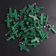Natural Malachite Pendants, with Platinum Tone Brass Findings, Cross, 25x18mm(G-PW0006-02P-21)
