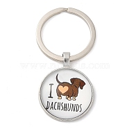 Half Round/Dome Alloy & Glass Pendant Keychain, with Split Key Rings, Dog Pattern with Word I Dachshunds, Sienna, 6cm(KEYC-D020-01P-03)