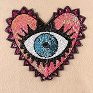 Computerized Embroidery Cloth Sew On Patches, Costume Accessories, Paillette Appliques, Heart with Eye, Fuchsia, 31x35cm(DIY-F030-01A)