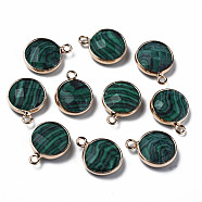 Synthetic Malachite Charms, Faceted, with Golden Plated Brass Edge and Loop, Flat Round, 14.5x11.5x4.5mm, Hole: 1.5mm(G-Q998-026D)
