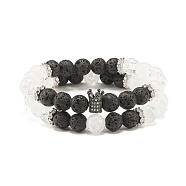 Natural Crackle Quartz & Lava Rock Round Beads Stretch Bracelets Set, Crown Brass Micro Pave Cubic Zirconia Beads Bracelets for Women, Mixed Color, Inner Diameter: 1-7/8~2.09 inch(4.8~5.3cm), 2pcs/set(BJEW-JB07205)