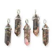 Natural Rhodonite Pendants, with Platinum Tone Brass Findings, Bullet, 39.5x12x11.5mm, Hole: 4.5x2.8mm(G-M378-01P-A40)