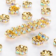Brass Rhinestone Spacer Beads, Grade A, Rondelle, Golden and Nickel Free, AB Color, Clear AB about 8mm in diameter, 3.8mm thick, hole: 1.5mm(RSB030NF-02G)