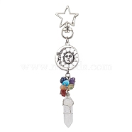Pointed Natural Quartz Crystal Pendant Decorations, with Mixed Gemstone Chip Beads, Alloy Swivel Lobster Clasps and Pendants, Sun & Moon, Antique Silver, 121mm(HJEW-JM01692)