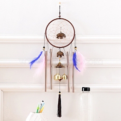 Woven Net/Web with Feather & Tube Wall Hanging Decoration, with Metal Elephant and Bell, for Home Decoration, Mauve, 600x160mm(WICH-PW0001-37)
