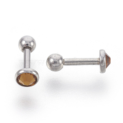 304 Stainless Steel Barbell Cartilage Earrings, with Rhinestone, Stainless Steel Color, Topaz, 10mm, Pin: 1mm, Tray: 4mm(EJEW-L208-02B-02)