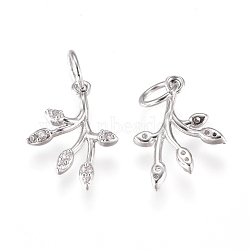 Brass Charms, with Cubic Zirconia and Jump Rings, Leaf, Clear, Platinum, 14x10.5x2mm, Hole: 3.5mm(ZIRC-L070-66P)
