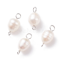 Grade B Natural Cultured Freshwater Pearl Connector Charms, with 304 Stainless Steel Double Loops, Polished Rice, Stainless Steel Color, 17.5x8.5mm, Hole: 1.8~3mm(PALLOY-JF01496-01)