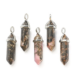 Natural Rhodonite Pendants, with Platinum Tone Brass Findings, Bullet, 39.5x12x11.5mm, Hole: 4.5x2.8mm(G-M378-01P-A40)