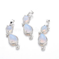 Opalite Kitten Pendants, with Platinum Tone Brass Findings, Cat with Bowknot Shape, 35.5x12x6mm, Hole: 5x7mm(G-J386-E10)