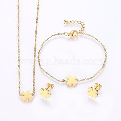 304 Stainless Steel Jewelry Sets, Pendant Necklaces & Stud Earrings & Bracelets, Clover, Golden, 16.54 inch(42cm), 7-1/8 inch(18cm), 10x10x1.2mm, Pin: 0.8mm(SJEW-H138-07G)