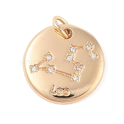 Brass with Clear Cubic Zirconia Pendants, with Jump Rings, Flat Round, Leo, 15.5x2mm, Hole: 3.5mm(KK-N256-24E-G)