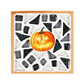 DIY Halloween Theme Mosaic Cup Mat Kits, with Joint Mixture, Finger Disposable Glove, Sponge, Plastic Spoon, Bamboo Cup Mat and Glass Mosaic Tiles, Colorful, 118x85x4mm