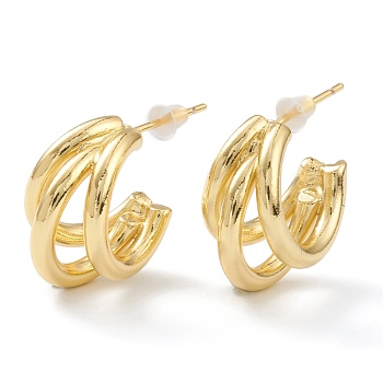 Brass Half Hoop Earrings, Split Earrings, with Steel Pin and Plastic Ear Nuts, Long-Lasting Plated, Real 18K Gold Plated, 16x11mm, Pin: 0.8mm